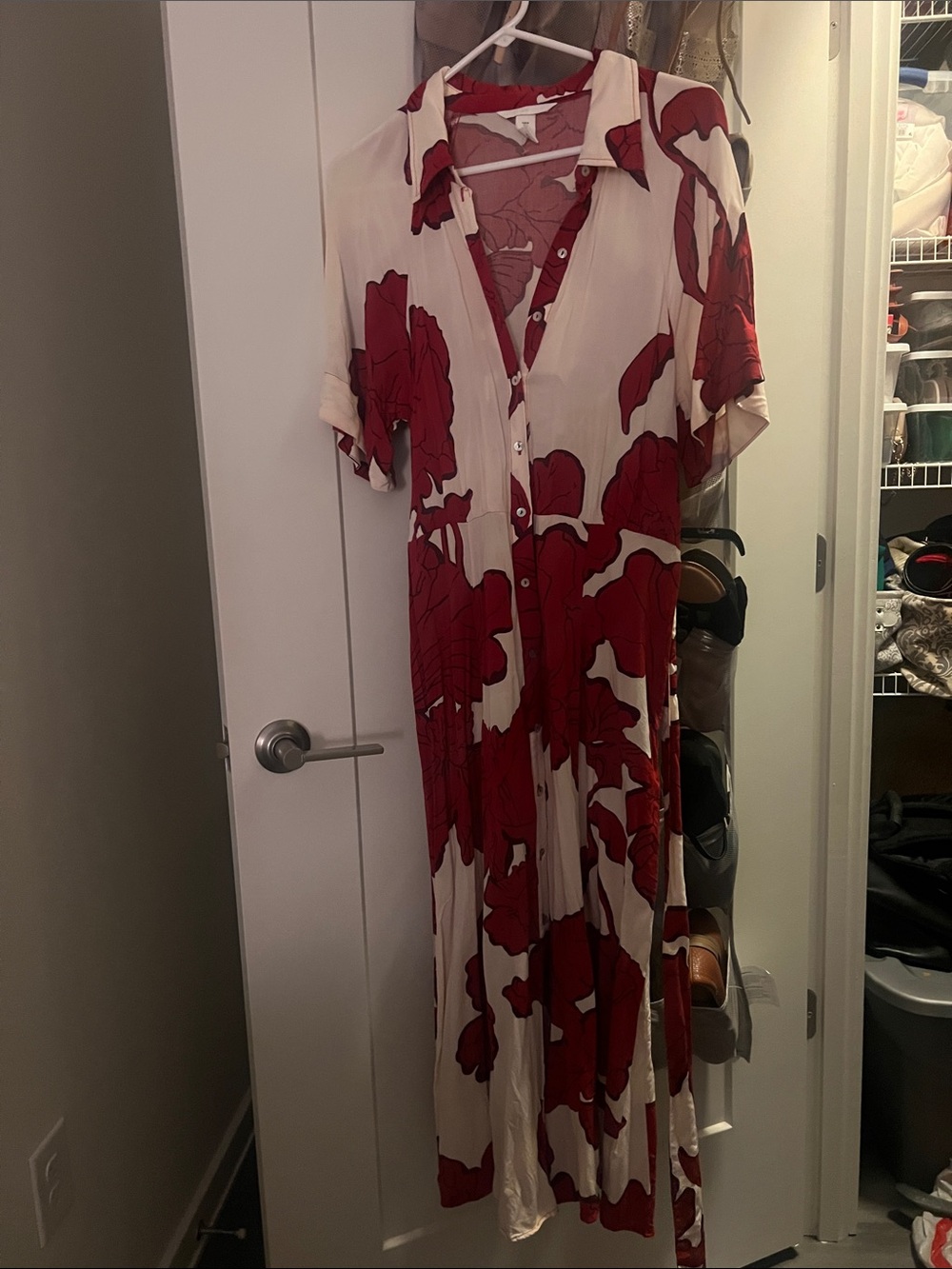 Red Floral Button-Front Women’s Midi Dress